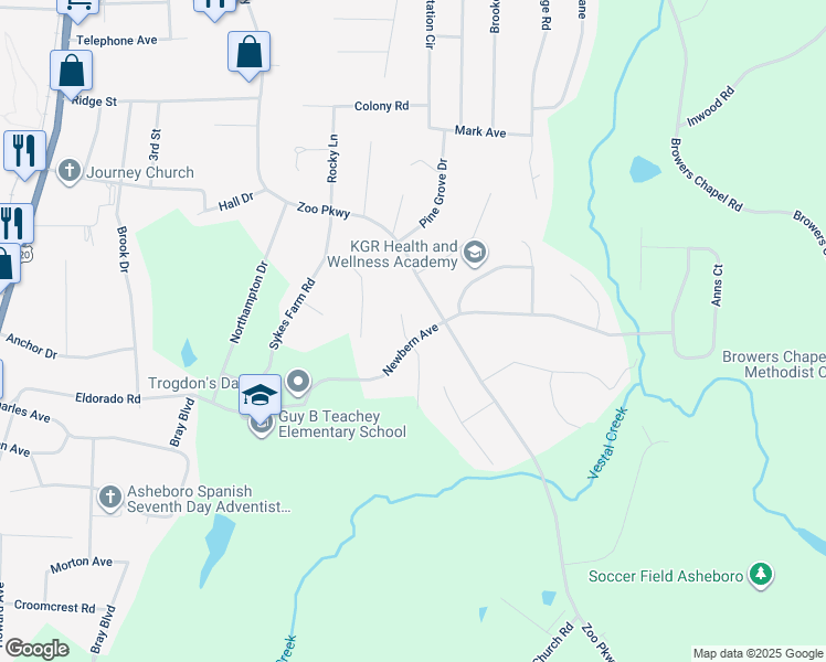 map of restaurants, bars, coffee shops, grocery stores, and more near 567 Newbern Avenue in Asheboro