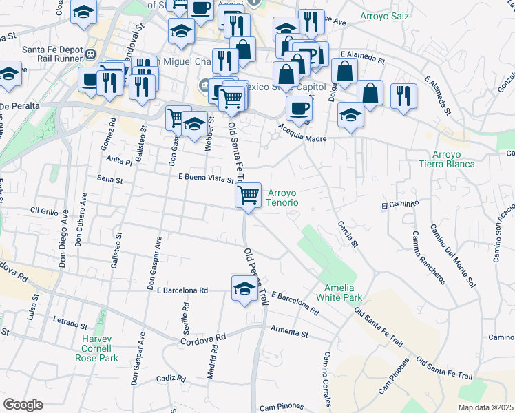 map of restaurants, bars, coffee shops, grocery stores, and more near 825 Old Santa Fe Trail in Santa Fe