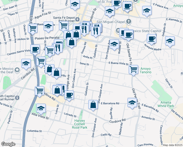 map of restaurants, bars, coffee shops, grocery stores, and more near 125 West Coronado Road in Santa Fe