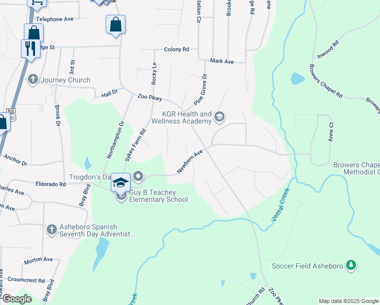 map of restaurants, bars, coffee shops, grocery stores, and more near 567 Newbern Avenue in Asheboro