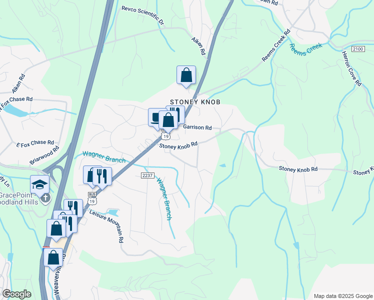 map of restaurants, bars, coffee shops, grocery stores, and more near 35 Stoney Knob Road in Weaverville