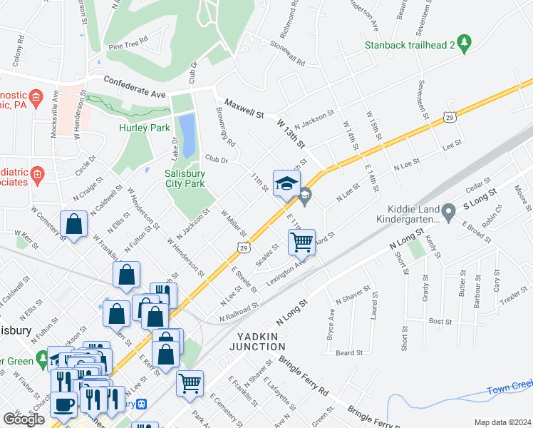 map of restaurants, bars, coffee shops, grocery stores, and more near 1000 North Main Street in Salisbury