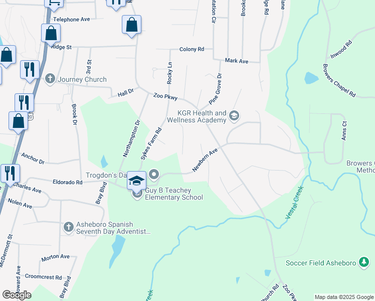 map of restaurants, bars, coffee shops, grocery stores, and more near 1949 Horse Carriage Lane in Asheboro