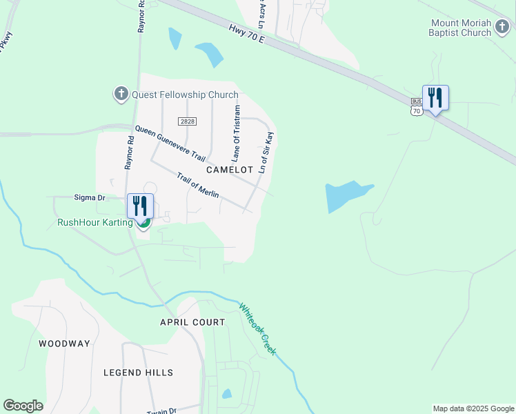 map of restaurants, bars, coffee shops, grocery stores, and more near 603 Trail of Merlin in Garner