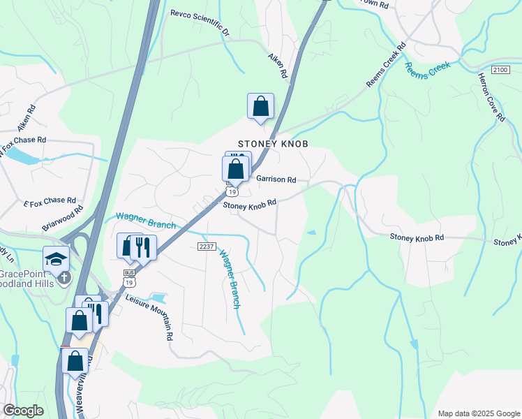 map of restaurants, bars, coffee shops, grocery stores, and more near 35 Stoney Knob Road in Weaverville
