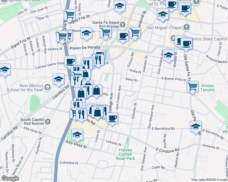 map of restaurants, bars, coffee shops, grocery stores, and more near 319 Camino Adela in Santa Fe
