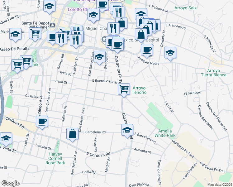 map of restaurants, bars, coffee shops, grocery stores, and more near 343 East Berger Street in Santa Fe