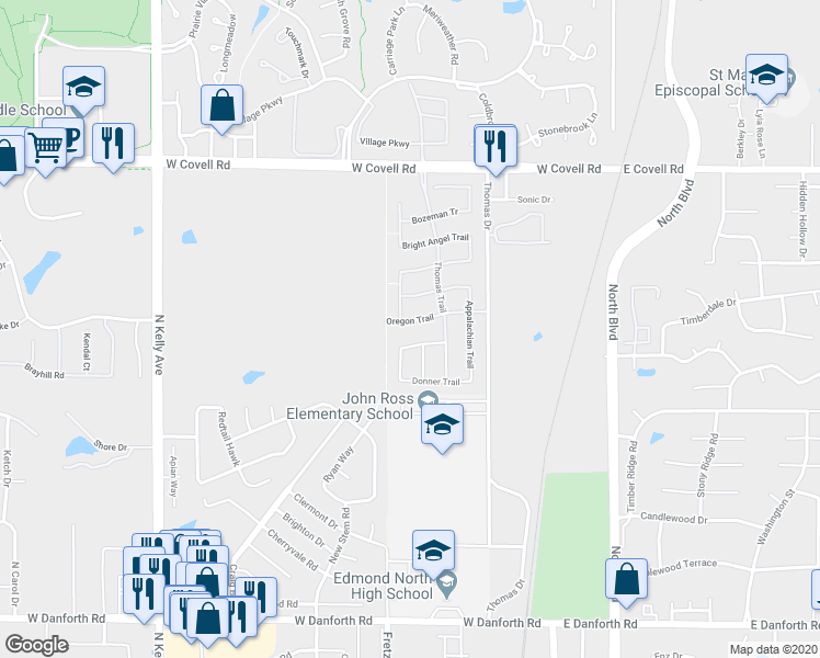map of restaurants, bars, coffee shops, grocery stores, and more near 446 Oregon Trail in Edmond