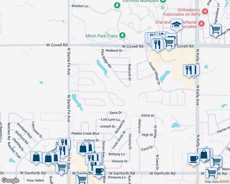 map of restaurants, bars, coffee shops, grocery stores, and more near 1801 Del Simmons Drive in Edmond