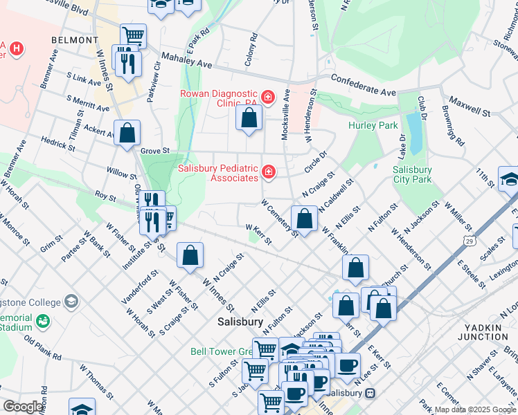 map of restaurants, bars, coffee shops, grocery stores, and more near 414 Northwest Street in Salisbury