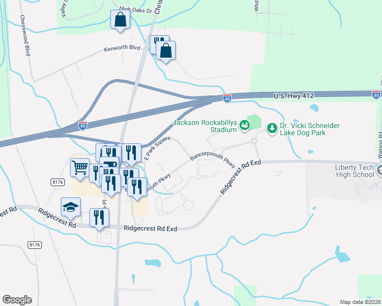 map of restaurants, bars, coffee shops, grocery stores, and more near 19 East Park Square in Jackson