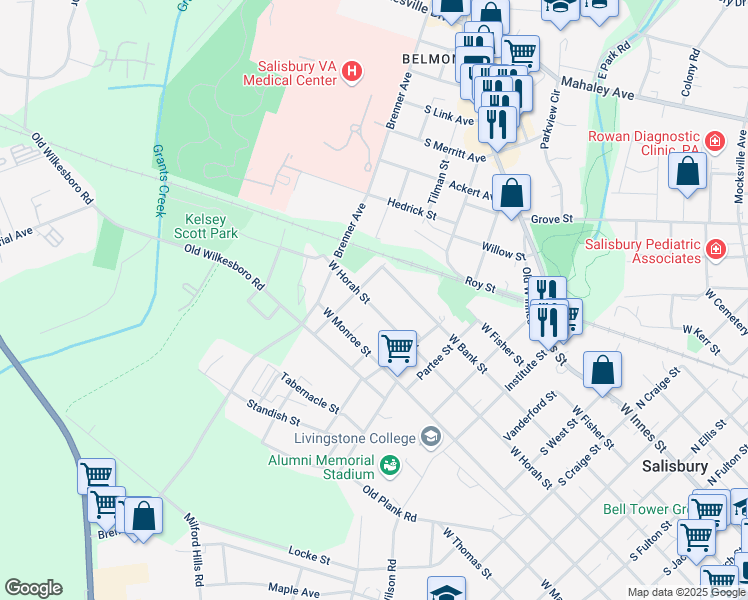 map of restaurants, bars, coffee shops, grocery stores, and more near 1414 West Horah Street in Salisbury