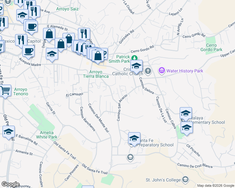 map of restaurants, bars, coffee shops, grocery stores, and more near 107 Victoria Street in Santa Fe
