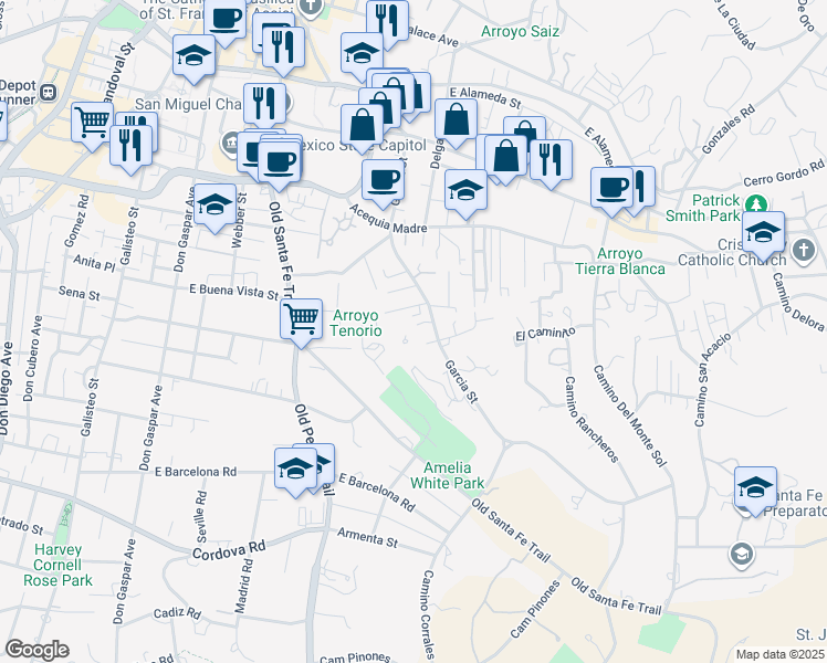 map of restaurants, bars, coffee shops, grocery stores, and more near 634 Garcia Street in Santa Fe