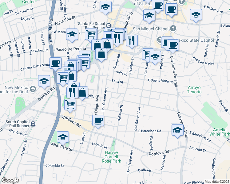 map of restaurants, bars, coffee shops, grocery stores, and more near 327 Don Cubero Place in Santa Fe