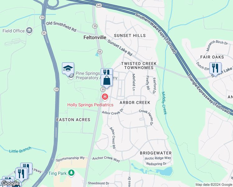map of restaurants, bars, coffee shops, grocery stores, and more near 109 Danesway Drive in Holly Springs