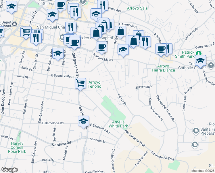 map of restaurants, bars, coffee shops, grocery stores, and more near 570 Garcia Street in Santa Fe