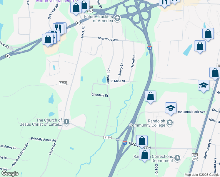 map of restaurants, bars, coffee shops, grocery stores, and more near 2211 Lambert Drive in Asheboro