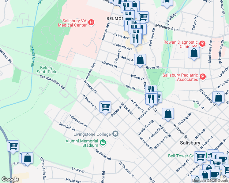 map of restaurants, bars, coffee shops, grocery stores, and more near 1300 West Bank Street in Salisbury