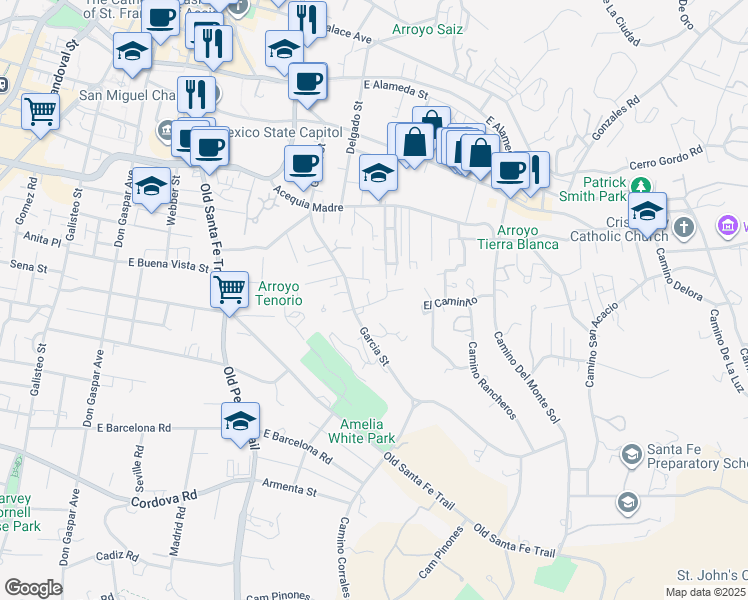 map of restaurants, bars, coffee shops, grocery stores, and more near 612 Garcia Street in Santa Fe