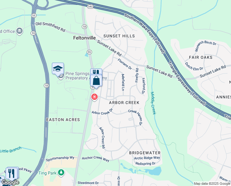 map of restaurants, bars, coffee shops, grocery stores, and more near 120 Fountain Springs Road in Holly Springs