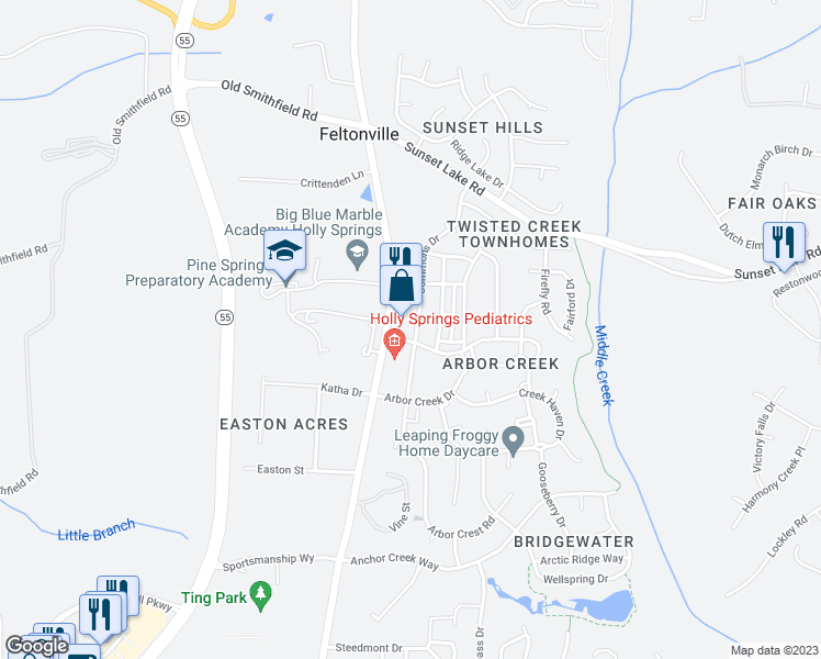 map of restaurants, bars, coffee shops, grocery stores, and more near 307 Commons Drive in Holly Springs