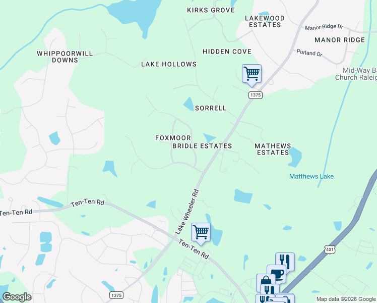 map of restaurants, bars, coffee shops, grocery stores, and more near 1913 Wheelerbrook Court in Raleigh