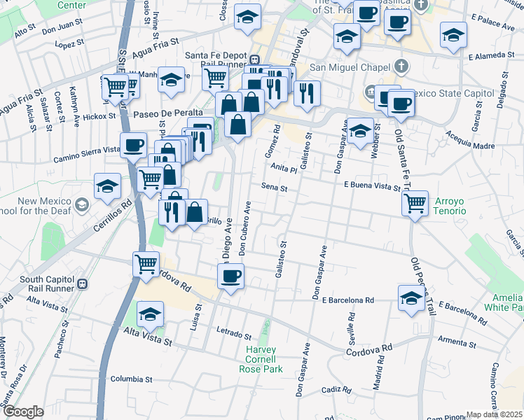map of restaurants, bars, coffee shops, grocery stores, and more near 986 Don Manuel Street in Santa Fe