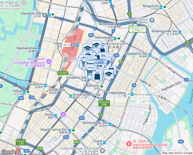 map of restaurants, bars, coffee shops, grocery stores, and more near in Chuo City