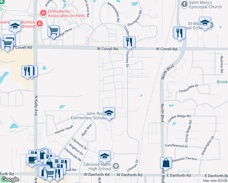 map of restaurants, bars, coffee shops, grocery stores, and more near 406 Oregon Trail in Edmond