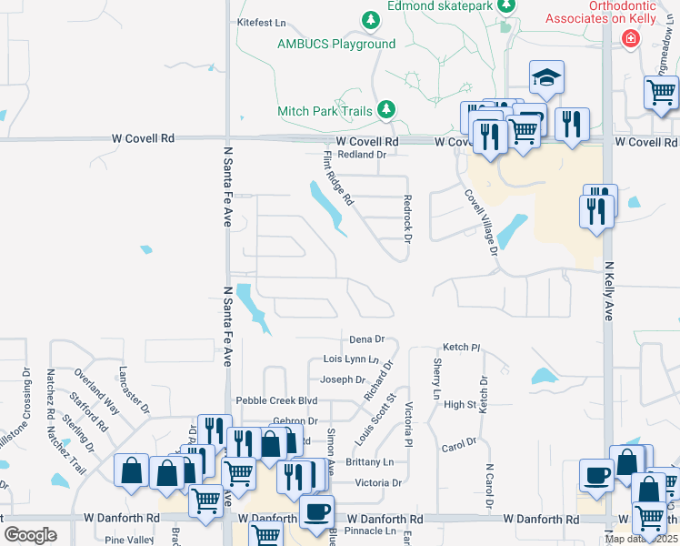 map of restaurants, bars, coffee shops, grocery stores, and more near 1813 Del Simmons Drive in Edmond