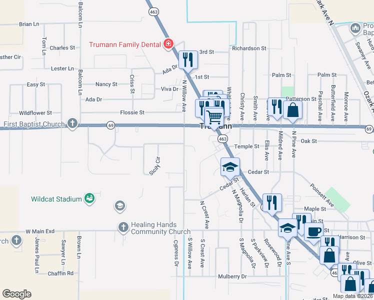map of restaurants, bars, coffee shops, grocery stores, and more near 1137 Arkansas 69 in Trumann