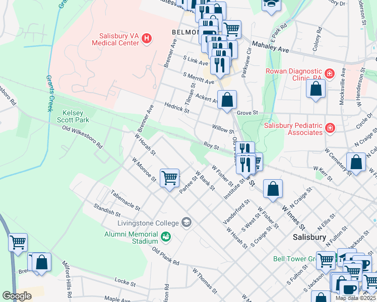 map of restaurants, bars, coffee shops, grocery stores, and more near 1402 West Bank Street in Salisbury