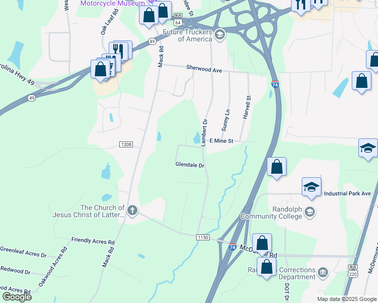 map of restaurants, bars, coffee shops, grocery stores, and more near 633 West Mine Street in Asheboro