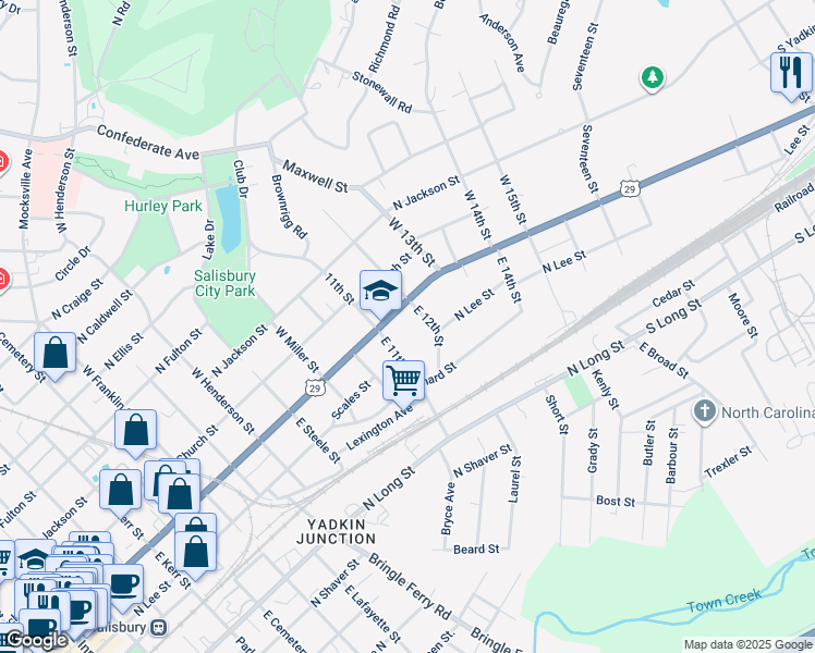 map of restaurants, bars, coffee shops, grocery stores, and more near 1215 North Main Street in Salisbury