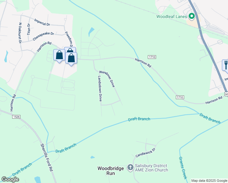map of restaurants, bars, coffee shops, grocery stores, and more near 422 Wendover Drive in Salisbury
