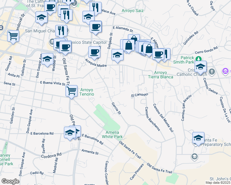 map of restaurants, bars, coffee shops, grocery stores, and more near 614 Garcia Street in Santa Fe