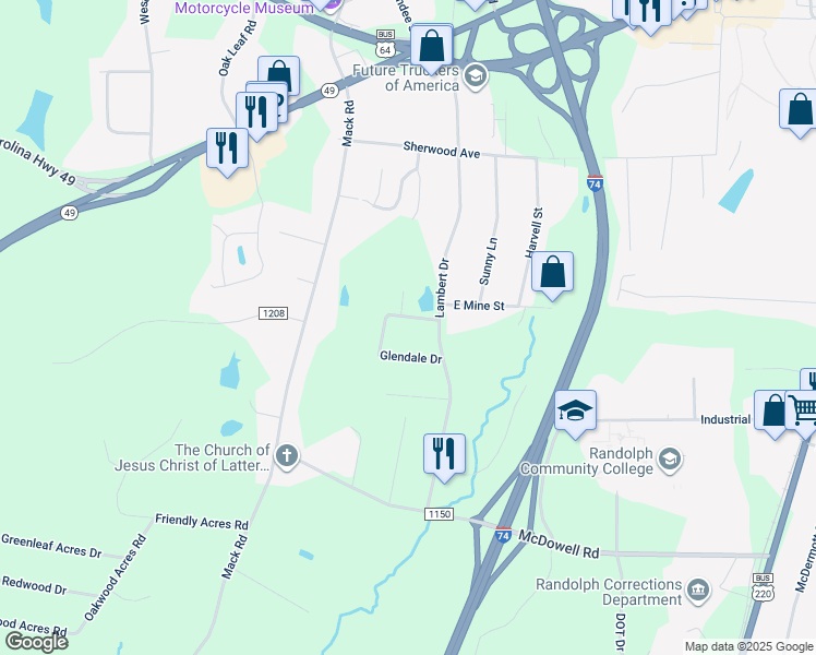 map of restaurants, bars, coffee shops, grocery stores, and more near 633 West Mine Street in Asheboro