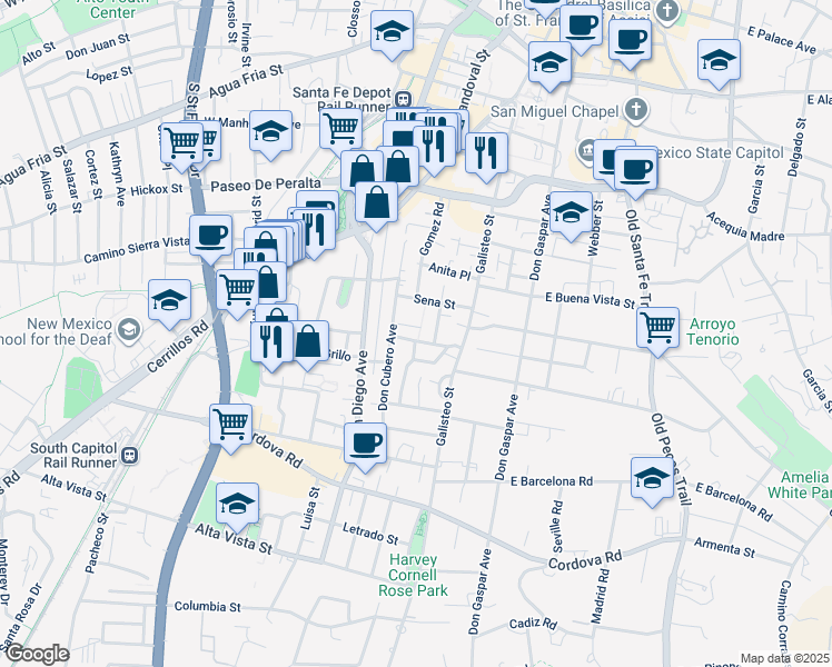 map of restaurants, bars, coffee shops, grocery stores, and more near 336 Don Cubero Place in Santa Fe