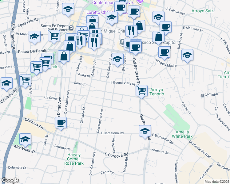 map of restaurants, bars, coffee shops, grocery stores, and more near 727 Gildersleeve Street in Santa Fe