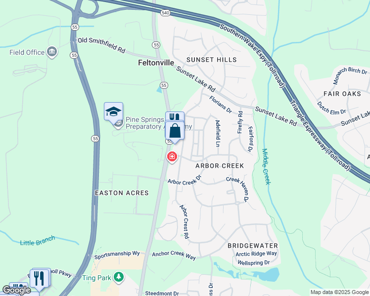 map of restaurants, bars, coffee shops, grocery stores, and more near 310 Commons Drive in Holly Springs