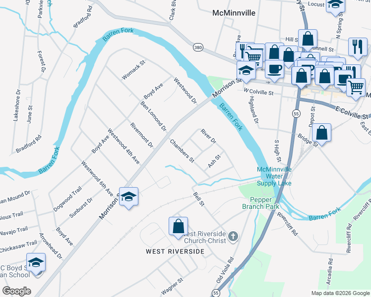 map of restaurants, bars, coffee shops, grocery stores, and more near 103 Chambers Street in McMinnville