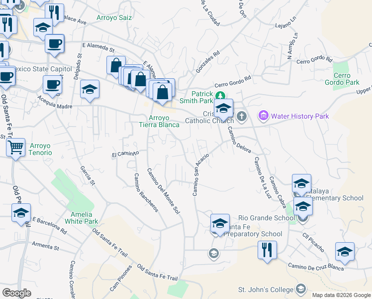 map of restaurants, bars, coffee shops, grocery stores, and more near 453 Camino Don Miguel in Santa Fe