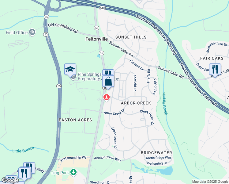 map of restaurants, bars, coffee shops, grocery stores, and more near 310 Commons Drive in Holly Springs
