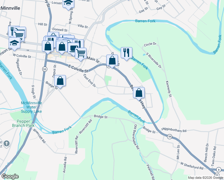 map of restaurants, bars, coffee shops, grocery stores, and more near 205 East End Drive in McMinnville