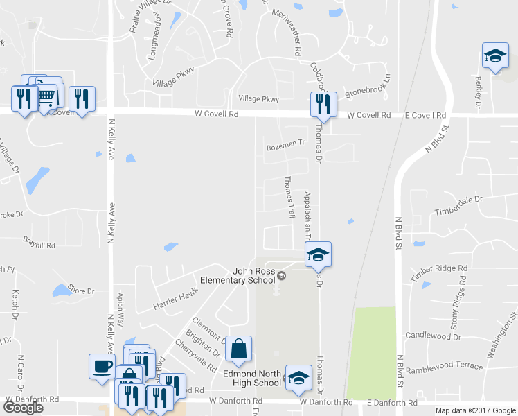 map of restaurants, bars, coffee shops, grocery stores, and more near 2209 Washita Trail in Edmond