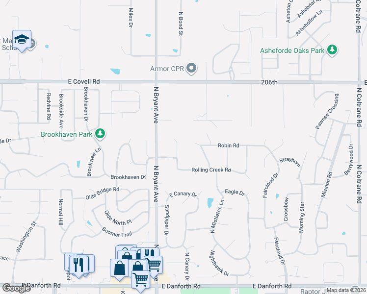 map of restaurants, bars, coffee shops, grocery stores, and more near 2222 Hummingbird Lane in Edmond