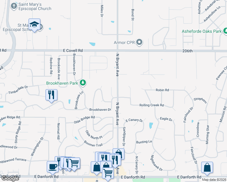 map of restaurants, bars, coffee shops, grocery stores, and more near 2216 Brookhaven Court in Edmond