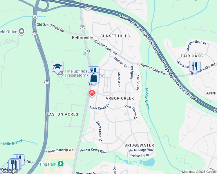 map of restaurants, bars, coffee shops, grocery stores, and more near 137 Fountain Springs Road in Holly Springs