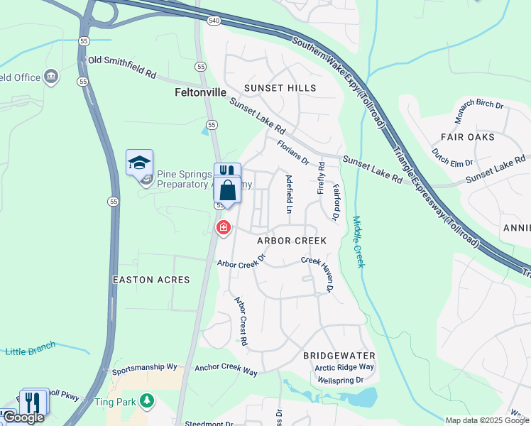 map of restaurants, bars, coffee shops, grocery stores, and more near 137 Fountain Springs Road in Holly Springs